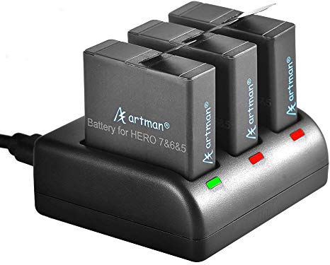 Artman GoPro Hero 5/6/7 1480mah Replacement Batteries (3 Pack) and 3-Channel LED USB Charger for GoPro Hero 5 Black, AHDBT-501, Hero(2018),Hero 6,Hero 7 Black(Fully Compatible with Original)