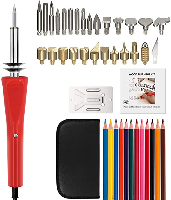 WAMTHUS 42Pcs Full Quickly Heat Up Pyrography Set with Soldering/Carving, 12 Color Pencils, Stand & Portable Case, Red