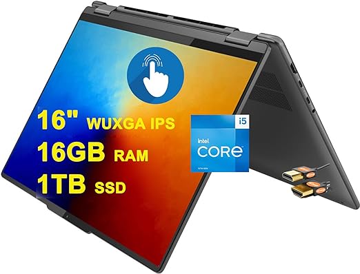 Lenovo Yoga 7i 16 2-in-1 Laptop 16" WUXGA IPS Touchscreen 13th Gen Intel 10-Core i5-1335U (Beats i7-1255u) 16GB RAM 1TB SSD Backlit Fingerprint Thunderbolt Long Battery Life Win11 Gray   HDMI Cable