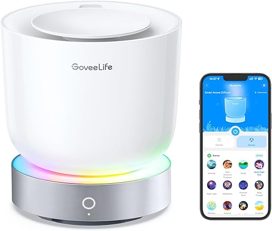 GoveeLife Smart Essential Oil Diffuser with Alexa Voice App Control for Home Office Bedroom, 300ml Quiet Cool Mist Aroma Diffuser with 2 Mist Modes, White Noise, RGBIC Light, Waterless Auto Off/Alarm