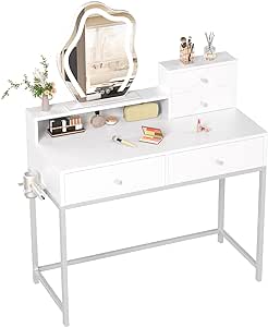 GreenForest Vanity Desk with Mirror and Lights, 31 inch White Makeup Vanity Table with 4 Drawers and 1 Storage Shelf, Modern Small Vanity Women Girls Vanity Dressing Table for Bedroom, Silver Gray