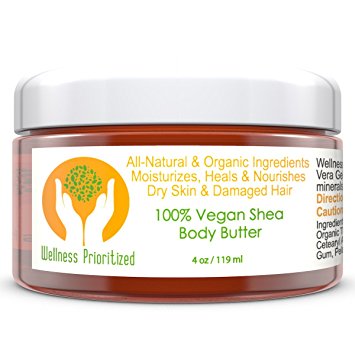 Vegan Shea Body Butter for Face Hands & Body by Wellness Prioritized for Rosacea, Acne, Anti Aging, & Anti Wrinkle Geranium Patchouili Natural Organic 4 oz