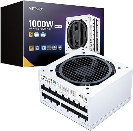 Vetroo 1000W Power Supply ATX 3.0 Ready Dual PCIe 5.0, White ATX Gaming 80 Plus Gold Full Modular Standard Compact Size PSU, 100% Japanese 105°C Capacitors, Eco Mode w/ 120mm FDB Fan, 10 Year Warranty