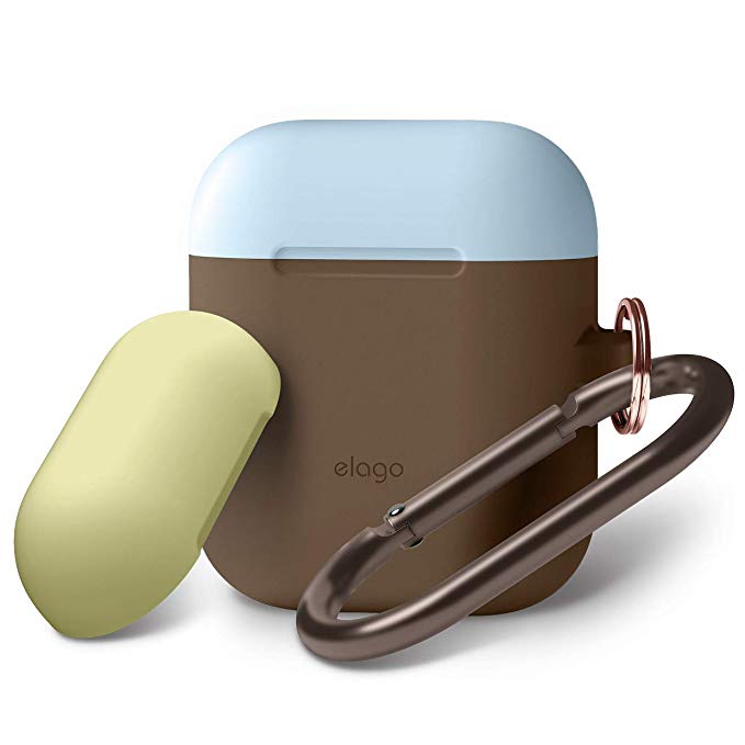 elago AirPods Duo Hang Case [Body:Dark Brown/TOP:Creamy Yellow, Pastel Blue] - [Compatible with Apple AirPods 1 & 2; Front LED Not Visible][Supports Wireless Charging][Carabiner] - for AirPods 1 & 2