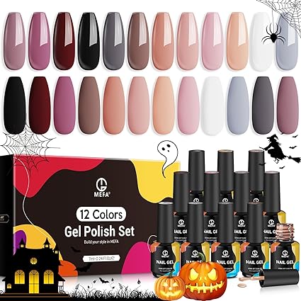 MEFA Gel Nail Polish, 12 Colors Nude Neutral Gel Polish Black White Nude Pink Nail Polish Gel Burgundy Red Gray UV Gel Nail Collection Popular Classic Nail Art Manicure DIY Salon Home Gifts for Women