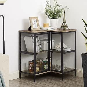 VECELO 3 Tier Corner Cabinet with Doors and Storage Shelves, Industrial TV Multipurpose Free-Standing Table, for Small Space Living Room Home Office Kitchen, Grey