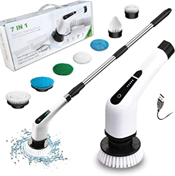 FARI Electric Spin Scrubber, Cordless Cleaning Brush with 7 Replaceable Drill Brush Heads, Tub and Floor Tile 360 Power Scrubber Mop with Adjustable Handle for Bathroom Kitchen Car (White)