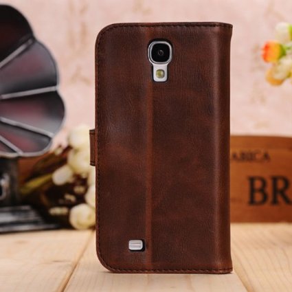 Moonmini New Arrival Crazy Horse Grain Leather Folio Wallet Case With Stand for Samsung Galaxy S4 I9500 Brown