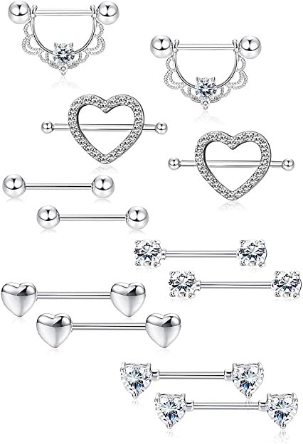 LOLIAS 6 Pairs Stainless Steel Nipple Ring Piercing for Women Girls Nipple Studs Nipple Tougue Ring Piercing Barbell Barbell CZ Heart Shape Rings Body Piercing Jewelry