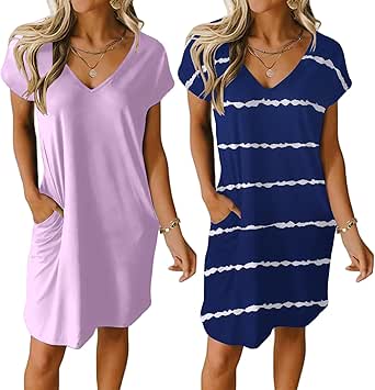 Ekouaer Womens 2 Pack Nightgown V Neck Sleepshirt Short Sleeve Nightshirt Plain/Floral Pajama Dress with Pockets