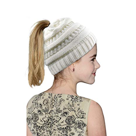 Hootech Winter Warm Knitted Ponytail Beanie Hat Messy High Bun Beanie Soft Stretch Cap