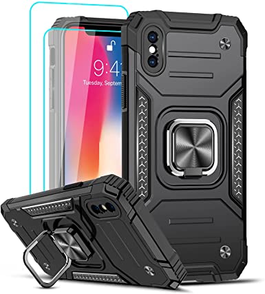 LeYi Compatible with iPhone X Case, iPhone Xs Case with [2 x Tempered Glass Screen Protector] for Men Women, [Military-Grade] Protective Phone Cover Case with Ring Kickstand for iPhone X/XS/10, Black