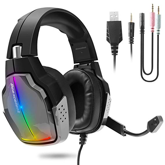 Beexcellent GM-8 Gaming Headset, Surround Stereo Pro Gaming Headphones for PC/PS4/Xbox One/Nintendo Switch with Noise Cancelling Mic Soft Earmuffs Adjustable Breathing RGB Lights & 50MM Drivers