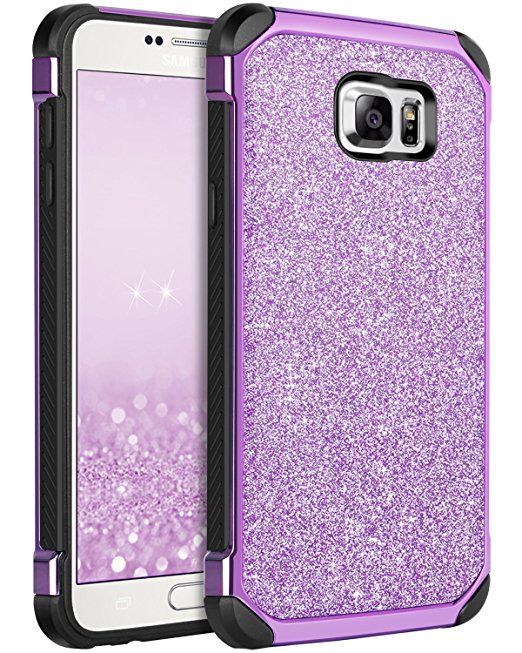 Note 5 Case, Galaxy Note 5 Case, BENTOBEN Purple Glitter Luxury Bling Hybrid Hard PC Laminated Sparkly Shiny Faux Leather Shockproof Bumper Protective Phone Case for Samsung Galaxy Note 5, Purple