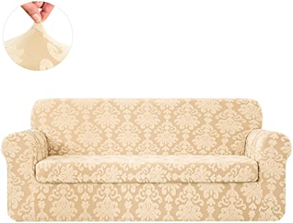 CHUN YI 2-Piece Stretch Jacquard Damask Elegant Collection Chair Loveseat Sofa Slipcover Easy Fitted Couch Cover Stretchable Durable Furniture Protector (Medium, Light Khaki)