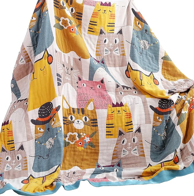 MEJU Kitty Cat Cute Reversible Kids Girls Bed Blanket, Jacquard Cotton Quilt Throw Blanket for Bed, Couch & Sofa, Lightweight Breathable Vintage Summer Bedding , FQ 78 in x 90 in