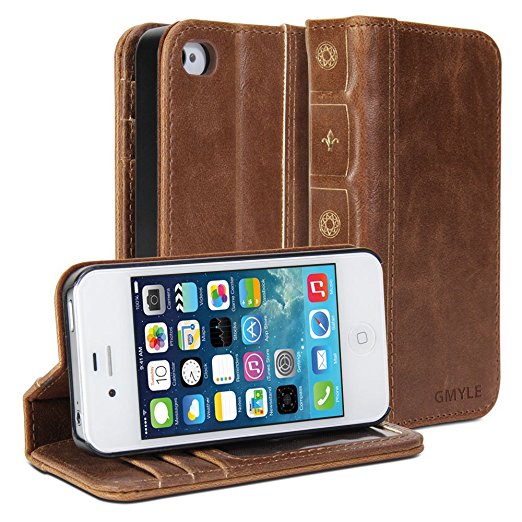 iPhone 4S Case, GMYLE Book Case Vintage for iPhone 4 4S - Brown Classic [Crazy Horse Pattern] [PU Leather] Book style Flip Folio Case Cover