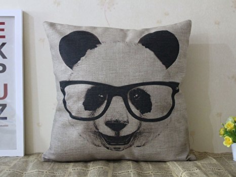 Decorative Cotton Linen Square Throw Pillow Case Cushion Cover Panda with Glasses Pillowcase 18 "X18 "