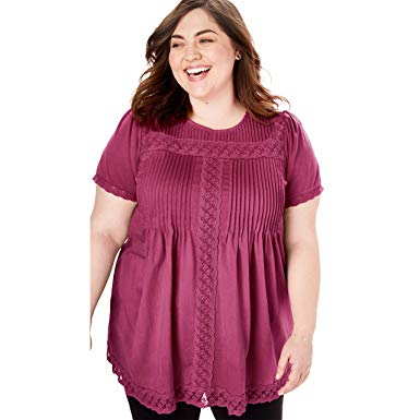 Woman Within Women's Plus Size Lace Trim Pintucked Tunic