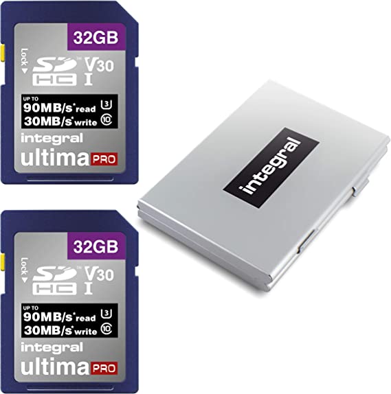 Integral 32GB 2 Pack SD Card with a 6 Slot Protective Metal Card Case - 4K Ultra-HD Video Premium High Speed Up to 90MB/s Read Speed - SDHC V30 UHS-I U3 Class 10 SD Memory Card Twin Pack