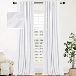 INOVADAY 100% White Blackout Curtains 84 Inch Length 2 Panels Set Back Tab/Rod Pocket Linen Blackout Curtains Thermal Insulated Room Darkening Drapes for Bedroom Living Room 52''W x 84''L Bright White