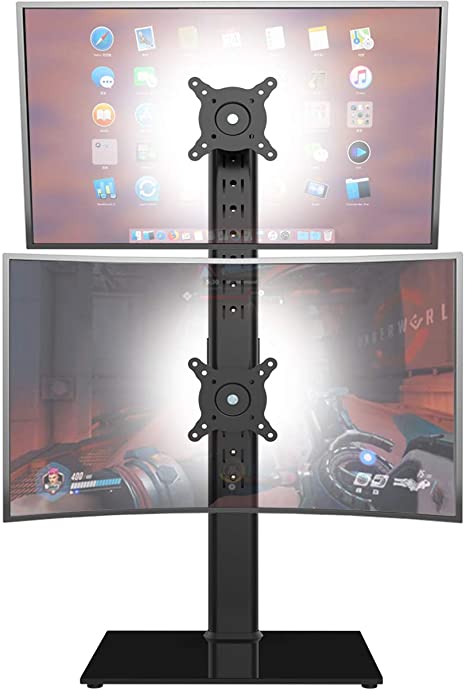 Dual Monitor Stand - Vertical Stack Screen Free-Standing Monitor Riser Fits Two 13 to 34 Inch Screen with Swivel, Tilt, Height Adjustable, Holds One (1) Screen up to 20kg HT05B-002P