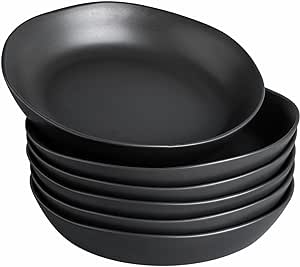 AmorArc 9.75'' Large Ceramic Pasta Bowls, 38oz Stoneware Wide Serving Bowls Set of 6 for Kitchen, Oven, Microwave&Dishwasher Safe Bowls with Wavy Rim for Fruit Pasta Salad Meal, Matte Black