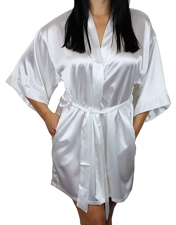 Ms Lovely Women's Satin Kimono Bridesmaid Short Robe with Pockets - Silky Feel Modern Cut