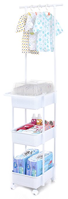 Tenby Living Diaper Caddy & Nursery Organizer with Clothes Rack & Hangers, White