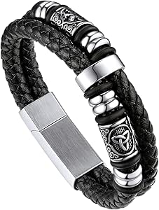 Bandmax Mens Double Row Black Braided Leather Wristband Stainless Steel Beaded Double Layer Leather Cord Wristband Bangle Gift for Men