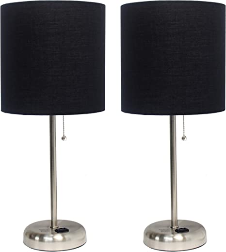 Limelights Brushed Steel Stick Lamp with Charging Outlet and Black Fabric Shade 2 Pack Set, Brushed Steel/Black, LC2001-BLK-2PK