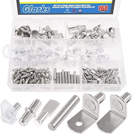 Glarks 160Pcs 6 Styles Shelf Pins Kit, Nickel Shelf Support Pegs, PVC Shelf Pins, Flat Spoon Pegs, Cylindrical Pins Holder, L-Shaped Bracket and Dowel Pins for Cabinets