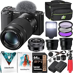 Sony ZV-E10 Mirrorless Alpha APS-C Vlog Camera 2 Lens Kit 16-50mm   55-210mm ILCZV-E10L/B Black Bundle with Deco Gear Case   Filter Set   Wide Angle & Telephoto Lenses   Extra Battery & Accessories