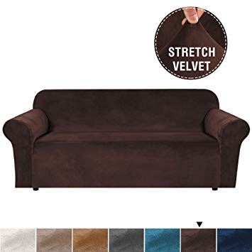 H.VERSAILTEX Real Super Velvet Plush Sofa Cover/Slipcover with Extra 2 Straps (1 Piece Style) Rich Velvet High Stretch Slip Resistant Stylish Furniture Cover Couch Covers for 4 Seat (XL Sofa, Brown)