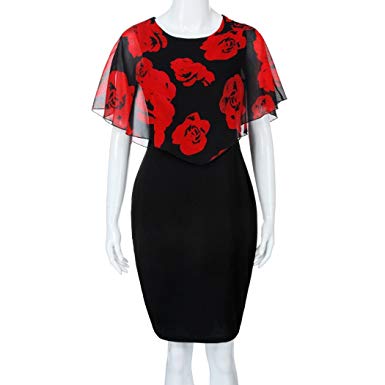Paymenow Elegant Party Dress, Women Rose Print Batwing Short Sleeve Bodycon Fashion Cocktail Mini Dress
