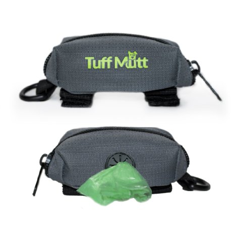 Tuff Mutt - Dog Poop Bag Holder Leash Attachment Includes 1 Roll of Poop Bags Waste Bag Dispenser Lightweight Fabric Walking Running or Hiking Accessory
