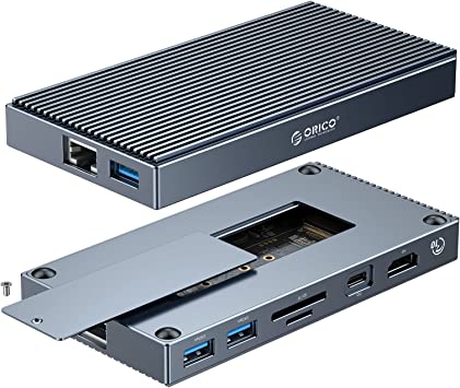 ORICO Type-C Hub with M.2 NVMe SSD Enclosure, 9 in 1 USB-C Docking Station with PD Charging, 3 USB 3.1 Gen2 10Gbps, HDMI, TF/SD, Ethernet RJ45, Audio for MacBook/ iPad/ Dell/HP /Lenovo Laptops