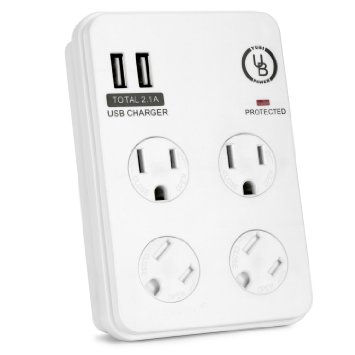 Yubi Power 4 Outlet Power Plug Surge Protector Wall Tap with 2 USB Ports 21A 300 Joules with Child Safety Cover - White - ETL Listed -