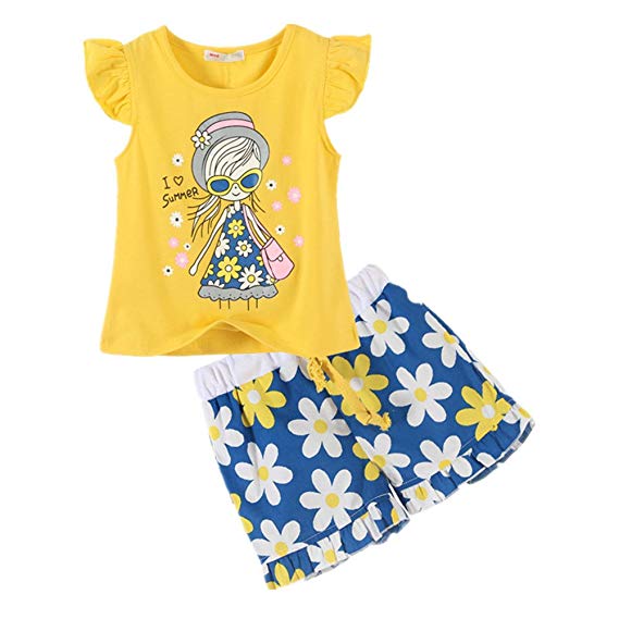 LittleSpring Little Girls' Summer Outfit Holiday Cartoon T-Shirt and Floral Shorts 2Pcs Set
