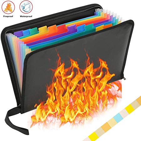 Expanding File Folder Fireproof, Portable Waterproof Accordian File Organizer with Zipper, 13 Pockets Document Bag with Silicone Coating Heat Resistant, Filing Folder Briefcase, A4 Letter Size