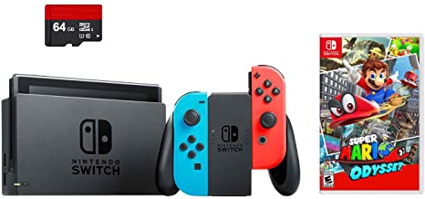 Nintendo Switch 3 items Bundle:Nintendo Switch 32GB Console Neon Red and Blue Joy-con,64GB Micro SD Memory Card and Super Mario Odyssey Game Disc