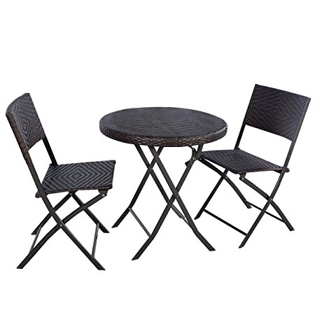 Giantex 3PC Folding Round Table & Chair Bistro Set Rattan Wicker Outdoor Furniture