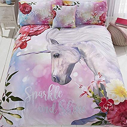 Sparkle And Shine Unicorn Duvet Cover and 2 Pillowcase Bed Set, Polyester-Cotton, Multi-Colour, King