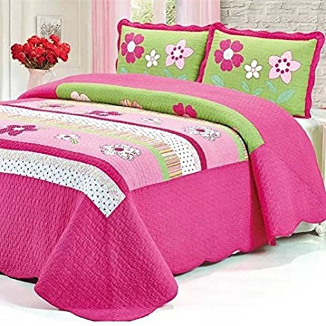 Brandream Pink Girls Floral Bed Quilt Set Kids Bedding Set Queen Size