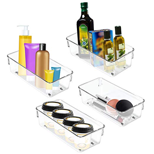 Fridge Storage Tray (4Pcs) - Clear Transparent Acrylic Refrigerator Bins - Pantry & Kitchen Storage Container - Bathroom Organizer Tray - Freezer, Cupboard and Drawer Organizer Tray (20 cm)