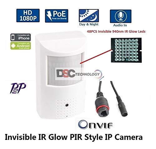 1080P 2.0MP HD IP PoE/12VDC Hidden/Spy Security Camera with: 3.7mm Lens 48x 940nm Invisible IR LEDs, ONVIF, PIR Motion Detector Sensor Form Factor