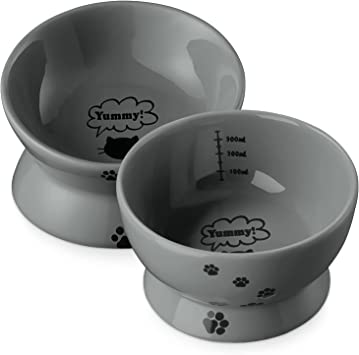 Y YHY Cat Bowls, Raised Cat Food Bowls Anti Vomiting, Tilted Elevated Cat Bowl for Food and Water, Ceramic Pet Food Bowl for Flat-Faced Cats, Small Dogs, Anti Slip Feet, Set of 2, Grey