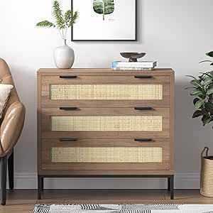 Anmytek 3 Drawer Dresser with Natural Rattan, Large Nightstand Modern Wooden Storage, Farmhouse Wood Chest of Drawer with Storage Versatile Bedside Table, Rustic Oak H0105