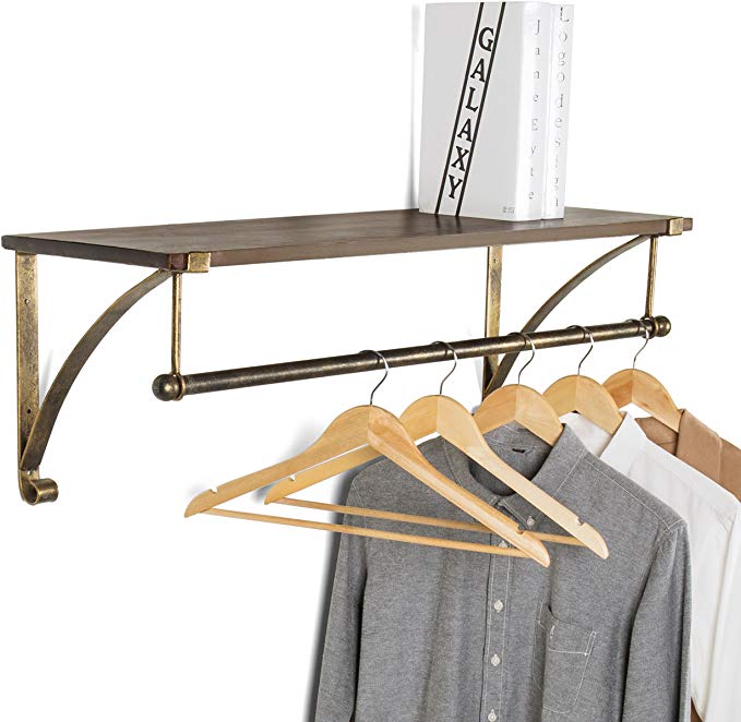 MyGift Wood & Antique Bronze-Tone Metal Wall Mounted Floating Shelf with Garment Hanger Rod