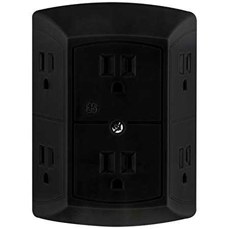 GE 6 Outlet Wall Plug Adapter Power Strip, Extra Wide Spaced Outlets, Power Adapter, 3 Prong, Multi Outlet Wall Charger, Quick & Easy Install, For Home Office, Black, 45201